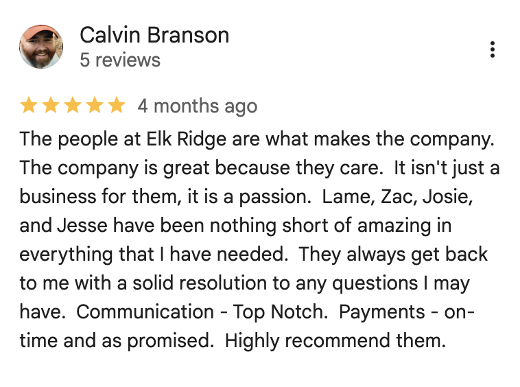 Screenshot of Calvin Branson's five-star Google review for Elk Ridge Management