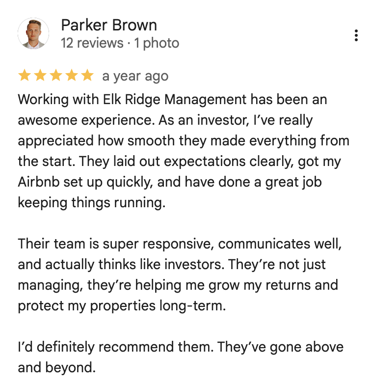 Screenshot of Parker Brown's five-star Google review for Elk Ridge Management
